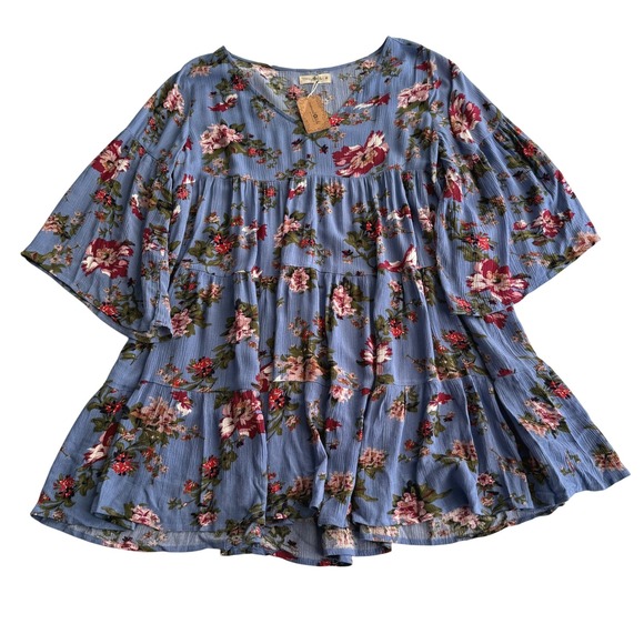 Natural Life NWT Cabbage Rose Floral Print Tiered Bell Sleeve Oversize Dress M - Picture 1 of 7